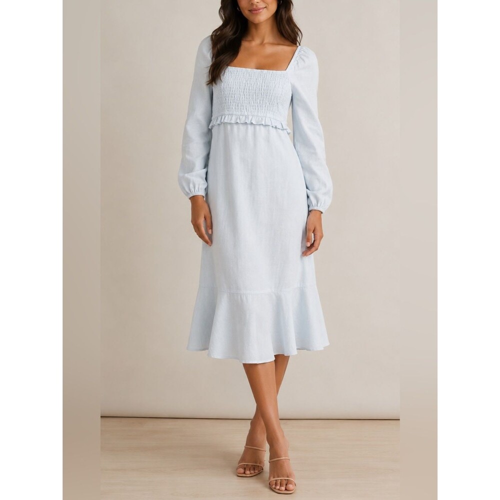 7 For All Mankind Linen Cotton Blend  Blue Smocked Puff Sleeve Blue NWT Medium